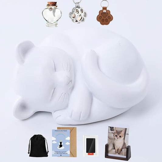 Pet Cat Urns for Ashes, Sleeping Resin Cremation Animal Urn and Sealed Bag, Decorative Memorial, Fur Keepsake, Ashes Necklace, Keychain, Inkless Paw Print Kit, Picture Frames, Sympathy Cards