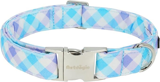 Cotton Collar for Dog，Soft Adjustable Dog Collars for Small Dogs, Cute Dog Collar with Blue & White Plaid for Small Medium Large Dogs, Perfect for Girl or Boy Dog Collars-S