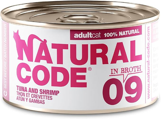 Natural Code Limited Ingredient Wet Cat Food Topper, High Protein, Low Fat, Additive-Free, Non-GMO, No Artificial Colors or Flavors, Tuna and Shrimps in Broth for Adult Cats, 24 Pack of 3oz Cans