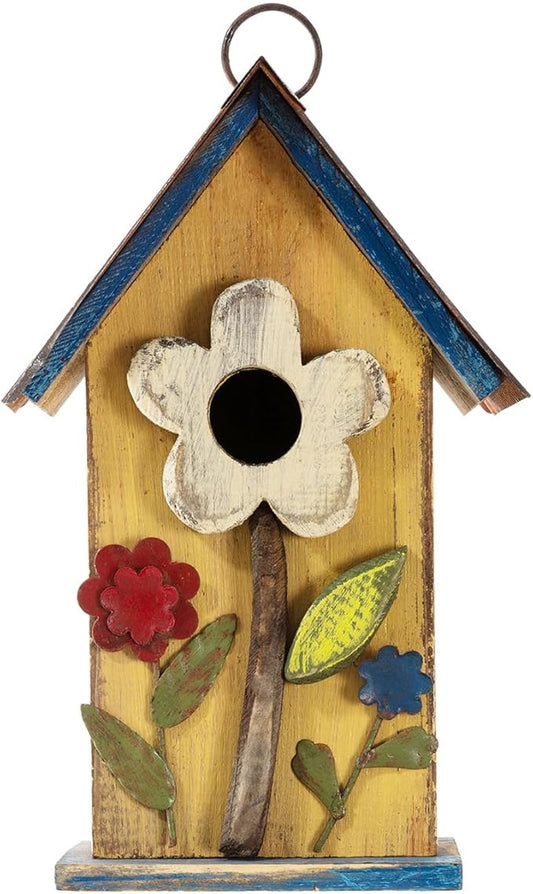 Glitzhome 10.2" H Hanging Bird House for Outdoor Patio Garden Decorative Birdhouse Pet Cottage Distressed Wooden Birdhouse, Yellow Flower