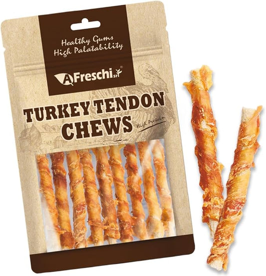 A Freschi Wrapped Turkey Tendon with Brown Rice Stick 3.5 oz, USA-Sourced Turkey Tendon, Dog Treats for Wrapped Series, All Natural Human Grade Dog Treat, Hypoallergenic, Rawhide Alternative