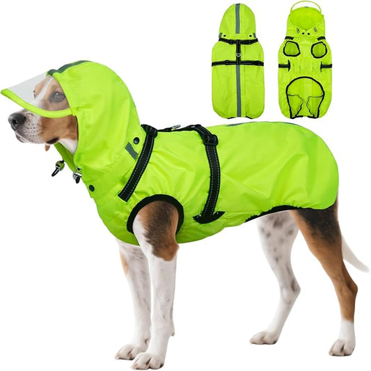Dog Raincoat XXL, Waterproof Dog Raincoats for Large Dogs with Adjustable Built-in Harness & Back Zipper, Reflective Strip, Removable Hood, for Rainy Walks, Muddy Roads - Fluorescent Green
