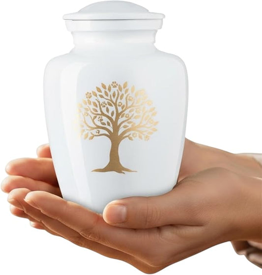 Pet Memorial Urn for Dogs & Cats Ashes -White Premium Metal Burial Urn with Secure Closure - 35 Cubic Inch (Up to 35 lbs) for Small to Medium Pets - Tree of Life Design