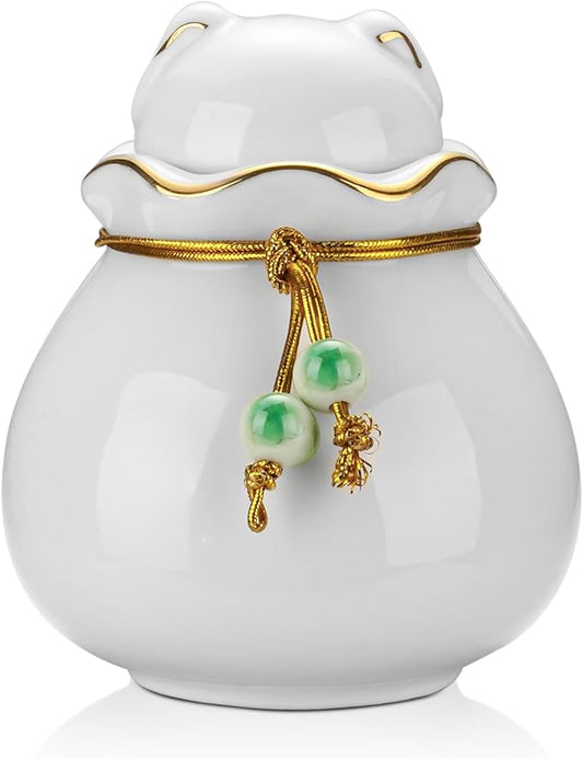 SOITIS Pet Memorial Urn for Cat or Dog Ashes - 3.54"x3.15" Elegant Ceramic Keepsake Holder with Cat-Shaped Lid & Gold Trim, Small White Urn for Pet Ashes