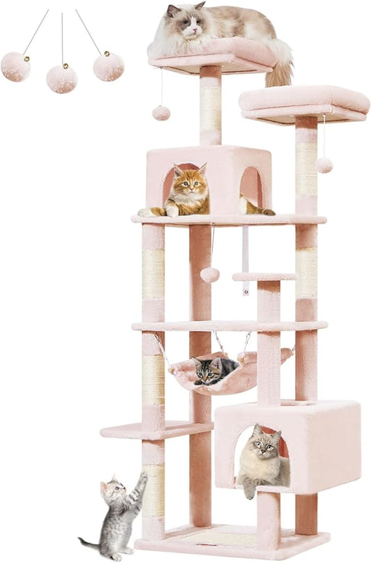 Taoqimiao Cat Tree, 68-Inch Cat Tree Cat Tower for Indoor Cats, Plush Multi-Level Cat Condo with 6 Scratching Posts, 2 Perches, 2 Caves,Hammock, 3 Pompoms,MS020SP Jelly Pink