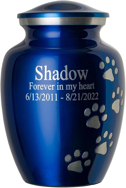 Pet Urn for Dogs and Cats with Personalized Laser Engraving, Ottillie Paws Premier Series Memorial Urns (Small Sapphire Blue with Vertical Pewter Paws)