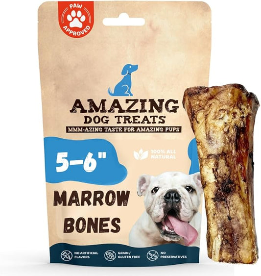 Amazing Dog Treats - 5-6 Inch Meaty Beef Marrow Bones- (6 Count) - Long Lasting Dog Chew Bones - Filled Marrow Dog Bone