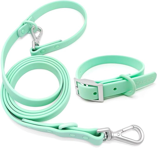 ZALER Dog Collar and Leash Set, Waterproof Adjustable Odor Proof Pet Collars Leashes Easy to Clean, 6FT Dog Leash with 2 Hooks for Large, Medium Small Dogs (XL, Mint Green)