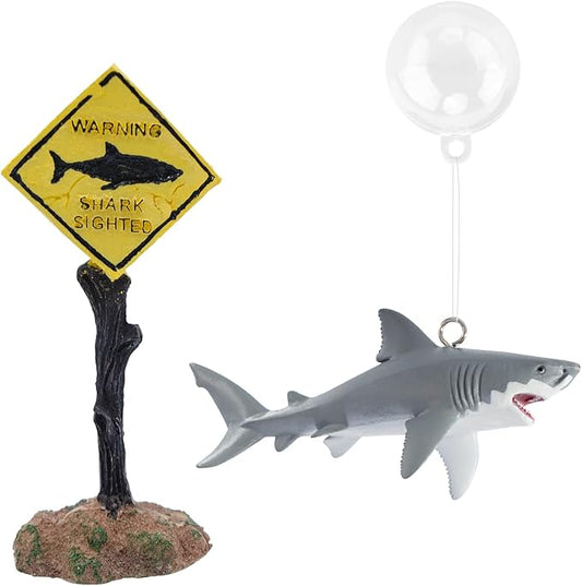 Fish Tank Decor Set, Plastic Great White Shark Statue with Floating Ball and a Warning Sign Decor, Fish Tank Decorations, Fish Aquariums Accessories, Aquarium Decor