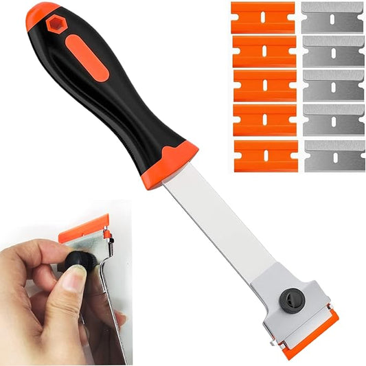 DEKEones Razor Blade Scraper, Long Handled Scraper Tool with 10 Extra Replacement Blades, Razor Scraper Remover for Cleaning Sticker, Paint, Caulk from Window, Car, Glass, Windshield, Stove