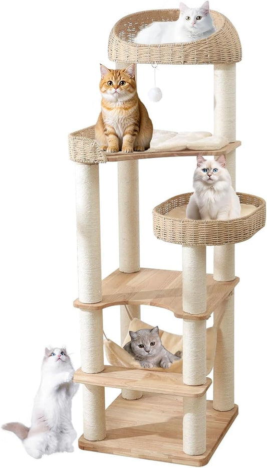 Wooden Cat Tree for Indoor Cats, 62-Inch Tall Cat Tower with Scratching Post for Large Cats, Solid Wood Cat Condo with Handwoven Basket, Modern Cat Tree Tower with Hammock, Easy to Clean