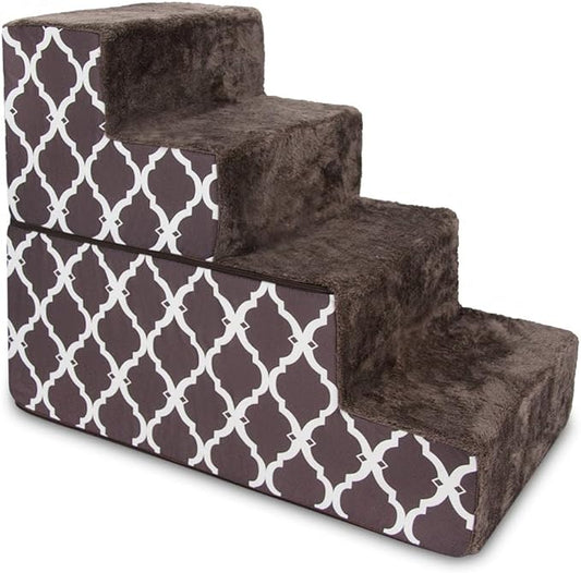 Best Pet Supplies Dog Stairs & Steps - Foam Steps for Small Dogs & Cats, Non-Slip Indoor Balanced Pet Step Support, Dog Ramp, No Assembly, Brown Lattice Print, Foldable 4-Step (22-inch Height)