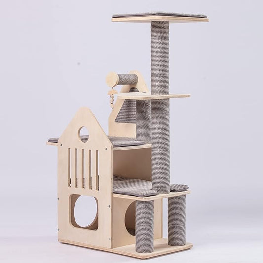 Wood Cat Tree for Indoor Cats,Cat Tower with Scratching Post and Mutil-Level Cat Houses,44.5 Inch Tall