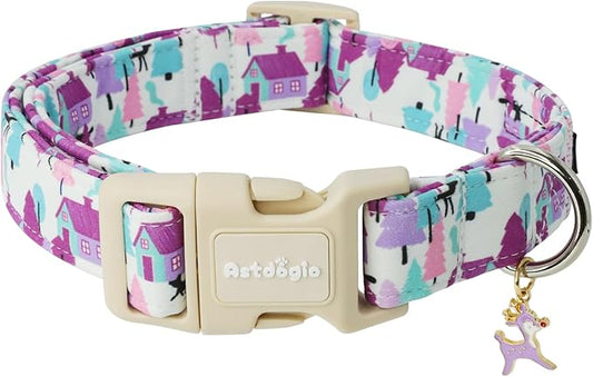 Winter Wonderland Dog Collar for Small Dogs，Adjustable White Puppy Collar with Purple Pink Teal Pine Tree, Deer and Cabin Line Art, for Daily Walks, Photos & Seasonal Adventures - M