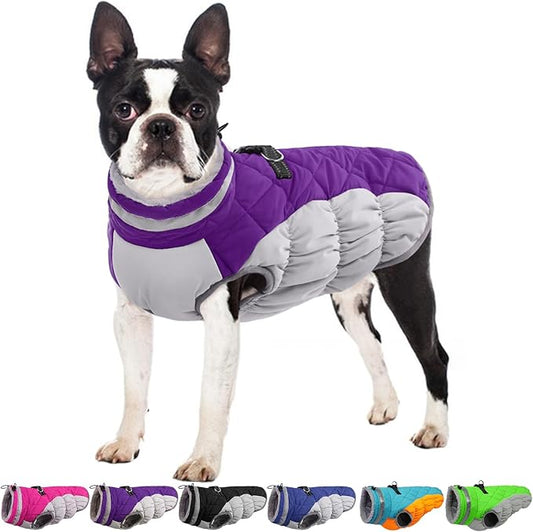Winter Dog Coat,Large Dog Jacket,Waterproof Pet Jacket with Back Zipper,Pet Coat with Harness Built in,Warm Dogs Coat with Fleece Lined, Snow Jacket Clothes French Bulldog Shiba Inu,Purple,L