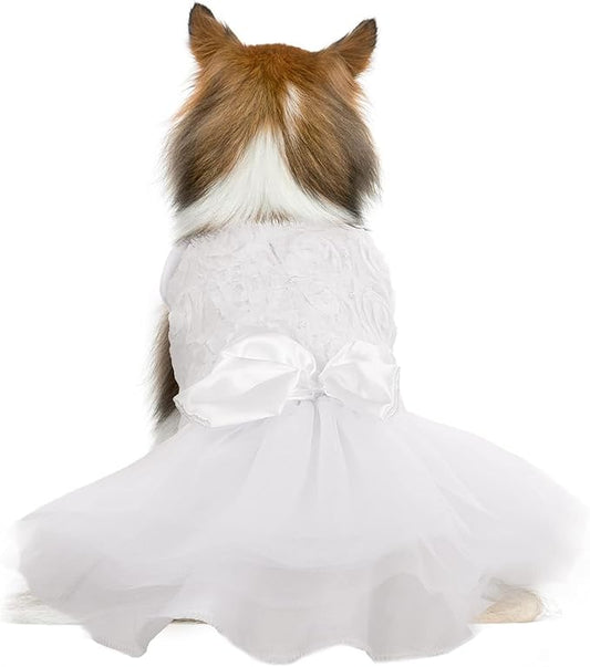 QBLEEV Dog Dress Tutu Skirt for Large Dogs Girl, Sweet Dog White Princess Dresses with Bowknot and Rose Decor,Pet Lace Costume Summer Apparel Formal Clothes for Wedding Party Holiday, L