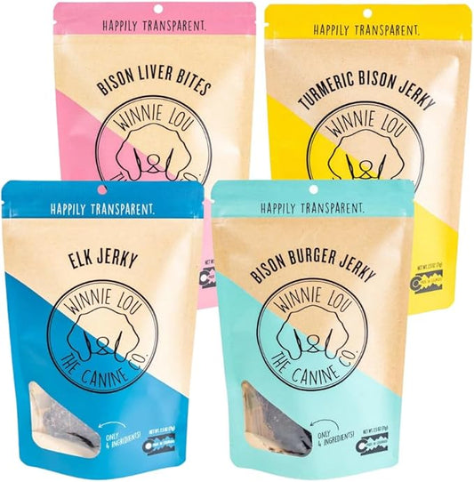 Winnie Lou Jerky Dog Treat Bundle ??Limited Ingredient, Human Grade, High Protein Training Treats for Small, Medium & Large Dogs, Made in USA (4 Pack)