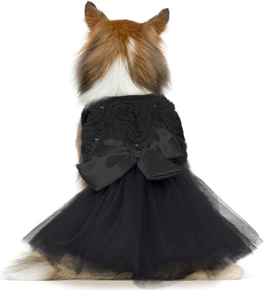 QBLEEV Dog Dress, Dog Wedding Dress for Small Dogs, Bowknot Dog Flower Girl Dress Black Dog Dress Pet Dog Wedding Attire Lace Tutu Skirt Birthday Dog Princess Dress Puppy Apparel Dog Formal Dress XS