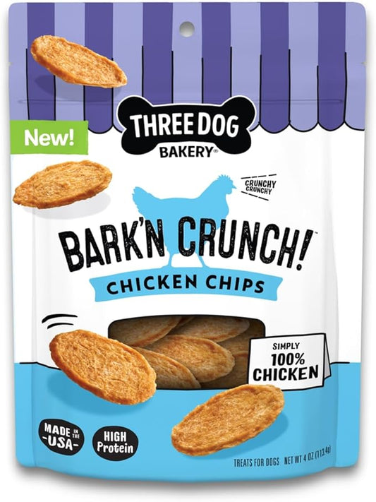Three Dog Bakery Bark?™N Crunch! Chicken Chips, Small 4oz, Crunchy Dog Treats, Single Ingredient, High Protein Snacks, Chicken Treats, Low Calorie Healthy Training Treat, Made in The USA