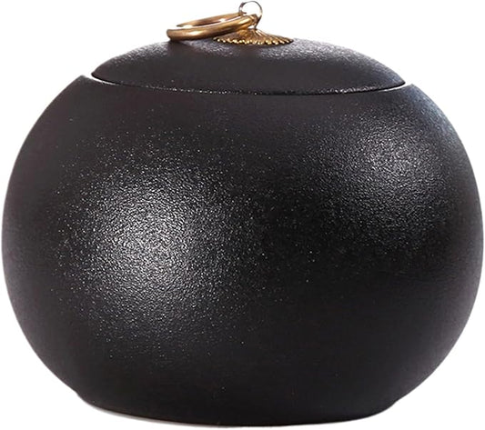 Black Porcelain Ceramic Pet Urn with Metal Pull Ring ??Cremation Urn for Doggo, Kitty or Fur Baby Ashes, 5.3''×4.3'' Fits Pets up to 22 lbs, Strong Sealing Well Decorative Memorial Display