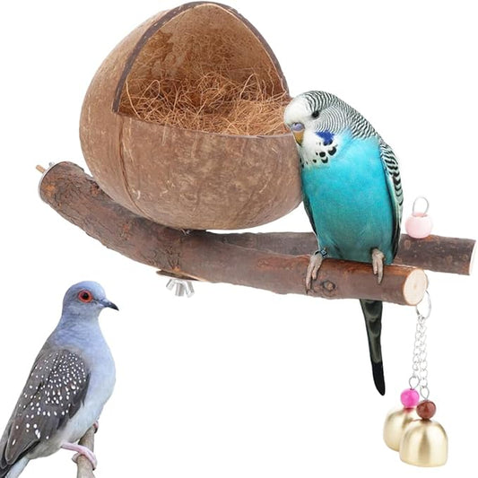 VTurboWay Natural Coconut Shell Bird Nest with Coconut Mat Breeding House Hut Cage with Perch Bell Home for Small Bird Parrot Cockatiel Conure Lovebird Canary Finch