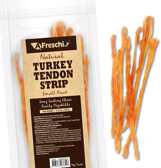 AFreschi Turkey Tendon Dog Treats, Strip 3.53 oz, USA Sourced Turkey, All Natural Human Grade Puppy Chew, Hypoallergenic, Rawhide Alternative, for Small Breeds