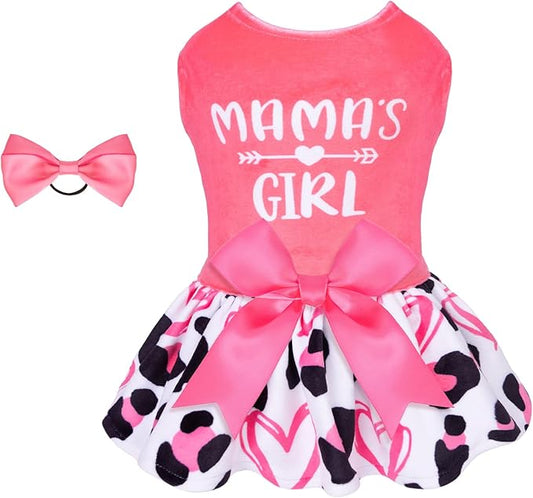 CuteBone Dog Dresses Velvet Mama's Girl Small Dogs Clothes Onesie Pet Apparel Girl Puppy Skirt with Bow Hair Rope CVA40M-D