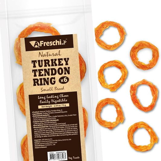 AFreschi Turkey Tendon Small Ring (S) 6 Pieces per Pack, USA-Sourced Turkey Tendon, All Natural Human Grade Puppy Chew, Hypoallergenic, Rawhide Alternative, Dog Treats for Small Breeds