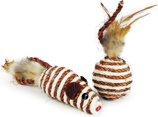 TTcat Cat Toys Set with Sisal Rope & Feathers Ball and Mouse 2 Pack, Interactive Toys for Indoor Cats and Kittens.