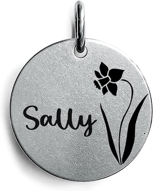 Cats Dogs ID Tags Personalized Engraving Birth Flowers Pattern for Custom Pets Collar Accessories Matt Stainless Steel Large Round Name Plate