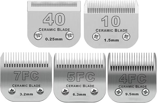 Size 40/10/7F/5F/4F Detachable Pet Dog Grooming Clipper Ceramic Blades Set,Compatible with Andis,Oster A5,Wahl KM10 Series Clippers,Cut Length 1/100"(0.25mm) to 3/8"(9.5mm),5 Pack