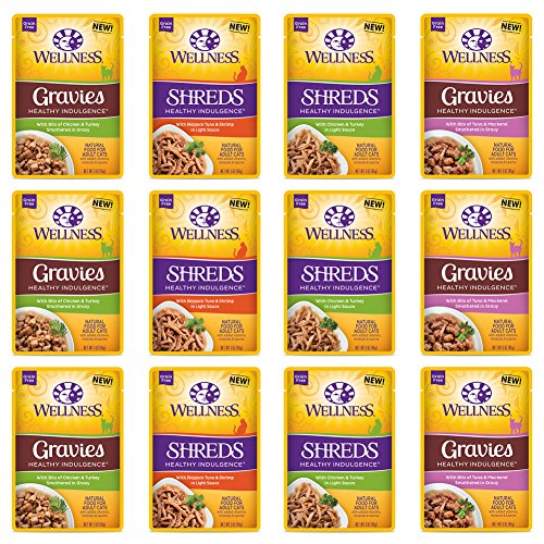 Wellness Healthy Indulgence Natural Grain Free Wet Cat Food, 3-Ounce Pouch (3) Shred Chicken & Turkey, (3) Shred Skipjack Tuna & Shrimp, (3) Gravie Chicken & Turkey, (3) Gravie Tuna & Mackerel (12 PK)