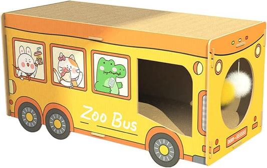 SHENGOCASE Wooden Jumbo 26.4" x 11.8" Extra Large Bus Shaped Cat Scratcher House for Maine Coon, Cardboard Cat House with Scratching Pad