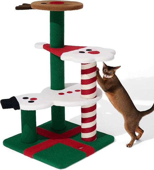 VETRESKA Christmas Cat Tree for Indoor Cats, 38.6" Multi Level Soft-Touch Cat Tower with Scratching Post, Christmas Decoration, Santa Claus, Reindeer and Snowman