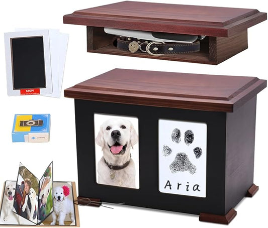 Sofunii Pet Urns for Dogs Ashes,XLarge Wooden Dog Urn Keepsake,Cat Urns for Ashes, Pet Memory Box Memorial Boxs with Paw Print Impression Kit&Album?�Photo Frame for Loss Dogs Personalized