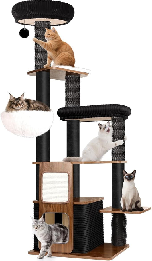 63" Modern Cat Tree Tower for Indoor Cats, Heavy Duty Cat Trees for Large Cats, Adult Big Cats Maine Coon Cat Tree Tower with Scratching Post, Extra Large Top Perch, Cat Condos, Jet Black