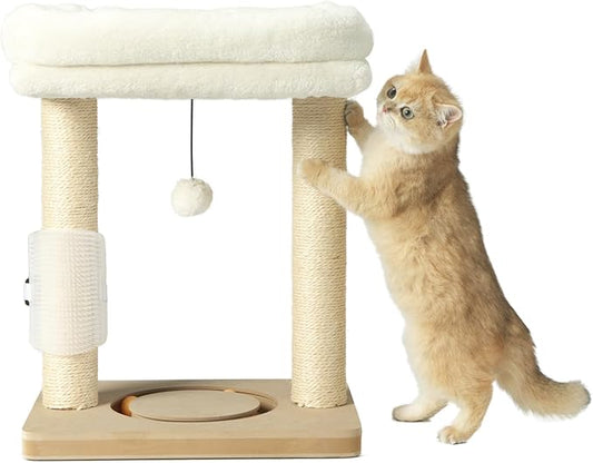 Small Cat Tree Tower Scratching Post with Perch Bed for Indoor Cats and Kittens,Track Ball Hanging Ball Toy Self-Massage Brush Beige