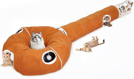Ownpets 2-in-1 Cat Tunnel, Large Lollipop Shape Cat Tunnel Toy with Fluffy Balls, Spiral Toy, Plush Collapsible Cat Cave Hideout Donut Tunnel for Multi Kitten Puppy Rabbit, Brown