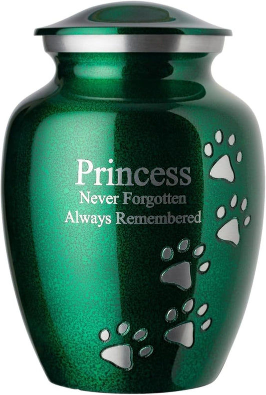 Pet Urn for Dogs and Cats with Personalized Laser Engraving, Ottillie Paws Premier Series Memorial Urns (Large Marine Green with Vertical Pewter Paws)