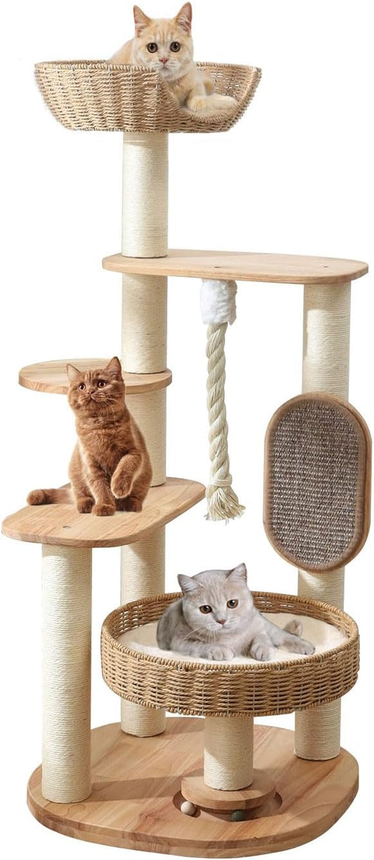 Wooden Cat Tree for Large Cat, 49.6-Inch Tall Cat Tower with Scratching Post for Indoor Cats, Multi-Level Cat Condo with Hand-Woven Cat Bed and Scratching Board Easy to Clean
