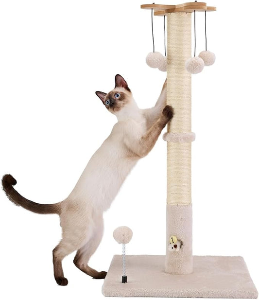 PAWSFANS Cat Scratching Post for Indoor Cats and Kittens,30inches Tall Sisal Scratch Posts with Four Hanging Ball Toys and Reinforce The Stable Base Beige