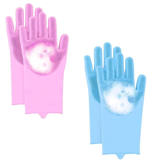 2-Pair Pet Hair Remover Glove for Dogs and Cats Washing, Grooming, & Deshedding ??Multipurpose Silicone Dog Bath Gloves, Cat Brush Glove Mitt for Pet Cleaning & Household Use (pink & Blue)