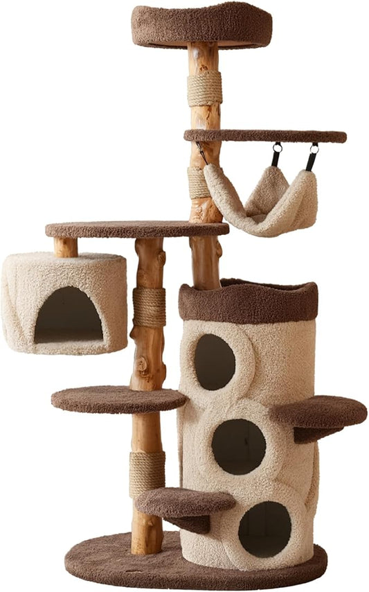 68 Inch Tall Mid Century Modern Solid Wood Cat Tree Tower for Indoor Cats Large Adult, Sturdy Heavy-Duty Cat Condo with Scratching Post, Perch, Scratcher, Platform, Cozy Hideaway (Brown, 68?œH)