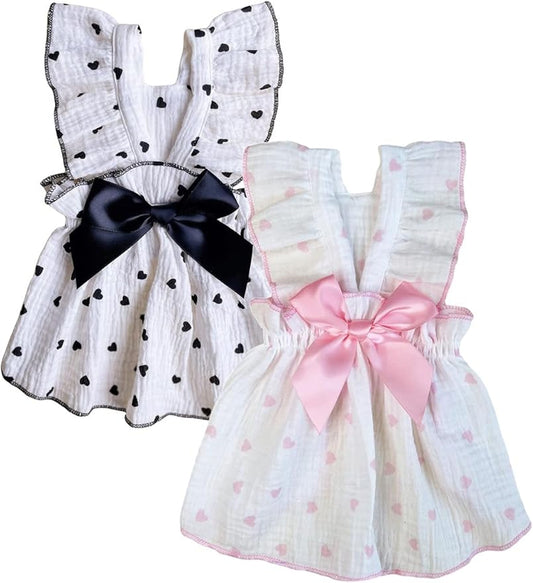 QWINEE 2 Piece Cute Heart Pattern Dog Dress Ruffle Trim Princess Dress Cat Vest Dress Lace Trim Summer Dress Pet Clothes for Small Medium Cats Dogs Kitten Puppy Multicolor A Medium