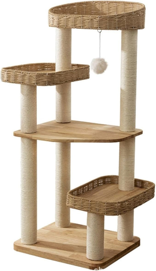 SHENGOCASE Modern Natural Wood Wooden Cat Tree Tower, 3 Large Rattan Wicker Basket Perch Beds with Cozy Cushion Sisal Scratching Post, Window View Design, for Cats up to 20 lbs