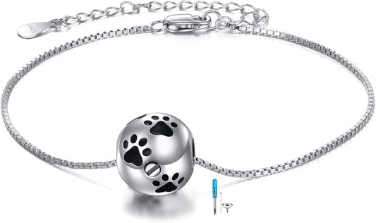 ONEFINITY Paw Urn Bracelet for Ashes Sterling Silver Dog Cat Pet Paw Print Cremation Jewelry for Pet Ashes Animal Keepsake Memorial Charm Pendant Bracelet