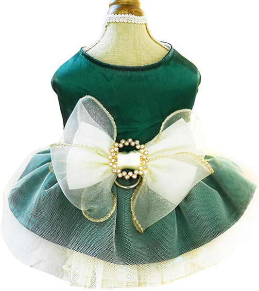 ANIAC Retro Dog Tulle Dress with Leash Ring Spring Summer Girl Puppy Clothes for Small Dog Cat Apparel Formal Pet Prom Dress for Christmas Wedding Birthday Valentines (Green, X-Small)