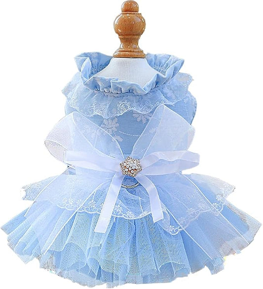ANIAC Daisy Small Dog Dresses Female with Leash Ring,Bow Knot Girl Puppy Wedding Dress,Valentine's Cat Outfit,Fancy Pet Party Dress for Kitten Chihuahua Yorkie Pomeranian (Blue, Medium)