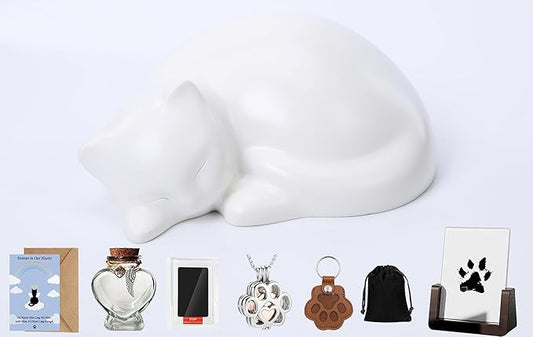 Pet Cat Urns for Ashes, Sleeping Resin Cremation Animal Urn and Sealed Bag, Decorative Funerary Memorial, Fur Keepsake, Ashes Necklace, Keychain, Inkless Paw Print Kit, Picture Frames, Sympathy Cards