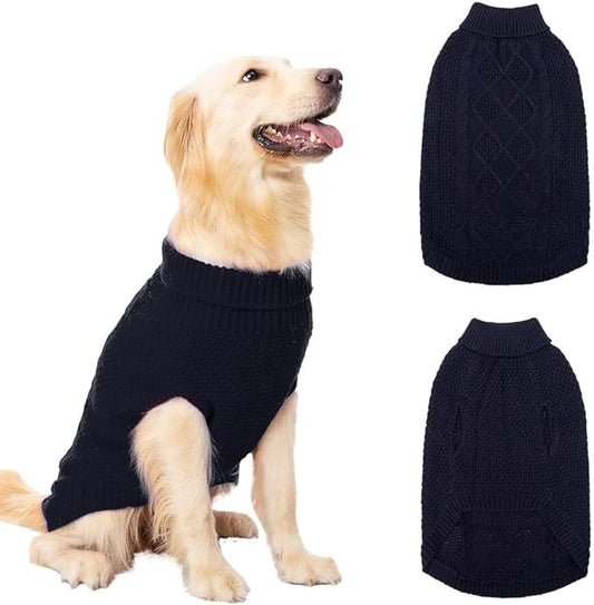 Mihachi Turtleneck Dog Sweater - Winter Coat Apparel Classic Cable Knit Clothes with Leash Hole for Cold Weather, Ideal Gift for Pet in New Year Navy Blue XL